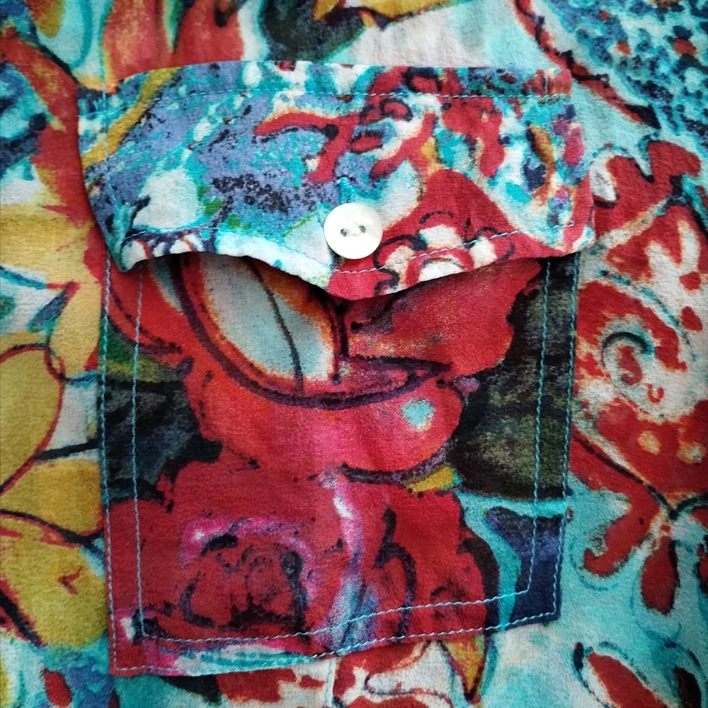 Chico’s Silk Floral Button Down Blouse S Colorful Short Sleeve Pockets - Picture 5 of 9